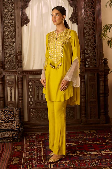 Shop Inej Yellow Cotton, Silk Sequins, Tassels Embroidered Asymmetric Kurta With Pant Online at Aza Fashions Shop_Inej_Yellow Cotton, Silk Sequins, Tassels Embroidered Asymmetric Kurta With Pant _Online_at_Aza_Fashions