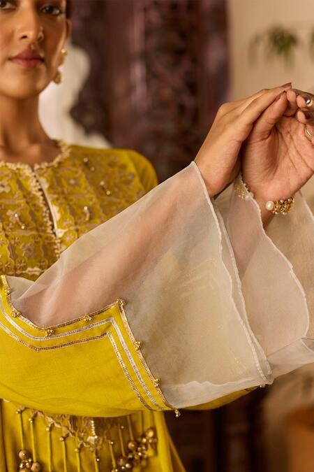 Buy Inej Yellow Cotton, Silk Sequins, Tassels Embroidered Asymmetric Kurta With Pant Buy_Inej_Yellow Cotton, Silk Sequins, Tassels Embroidered Asymmetric Kurta With Pant