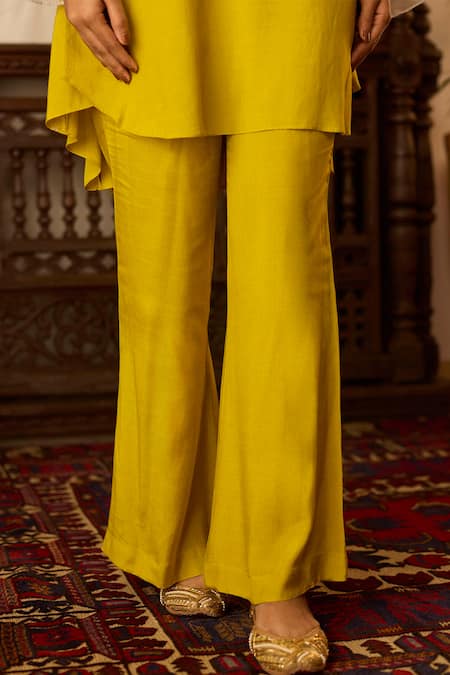 Shop Inej Yellow Cotton, Silk Sequins, Tassels Embroidered Asymmetric Kurta With Pant Shop_Inej_Yellow Cotton, Silk Sequins, Tassels Embroidered Asymmetric Kurta With Pant