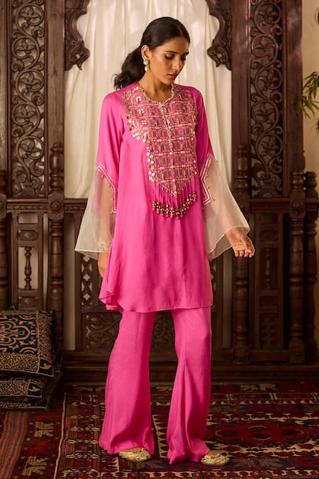 Shop Inej Pink Cotton, Silk Sequins, Tassels Embroidered Asymmetric Kurta And Pant Set Online at Aza Fashions Shop_Inej_Pink Cotton, Silk Sequins, Tassels Embroidered Asymmetric Kurta And Pant Set _Online_at_Aza_Fashions