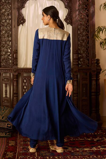 Shop Inej Blue Cotton, Silk Zari, Tassels, Metallic Embroidered Yoke Anarkali With Pant at Aza Fashions Shop_Inej_Blue Cotton, Silk Zari, Tassels, Metallic Embroidered Yoke Anarkali With Pant _at_Aza_Fashions