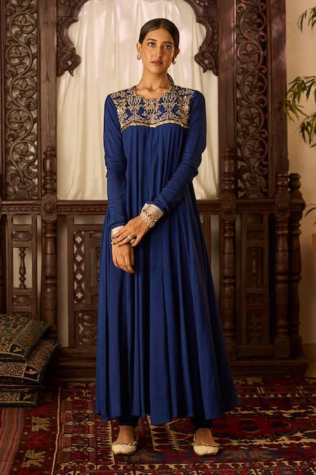 Inej Blue Cotton, Silk Zari, Tassels, Metallic Embroidered Yoke Anarkali With Pant Online at Aza Fashions Inej_Blue Cotton, Silk Zari, Tassels, Metallic Embroidered Yoke Anarkali With Pant _Online_at_Aza_Fashions