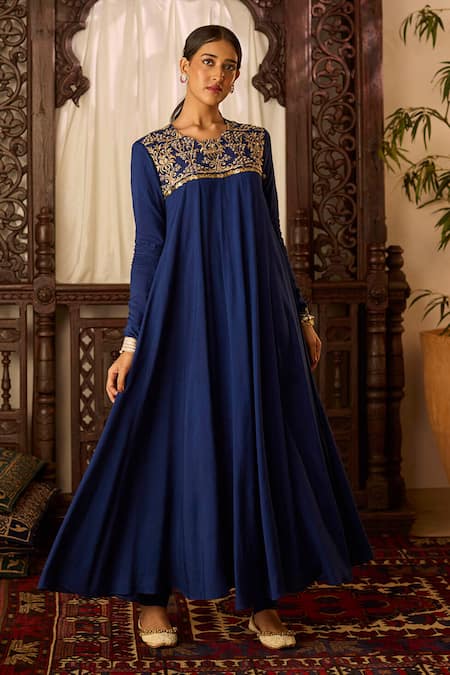 Buy Inej Blue Cotton, Silk Zari, Tassels, Metallic Embroidered Yoke Anarkali With Pant Online at Aza Fashions Buy_Inej_Blue Cotton, Silk Zari, Tassels, Metallic Embroidered Yoke Anarkali With Pant _Online_at_Aza_Fashions