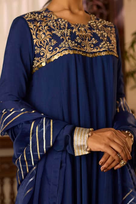 Shop Inej Blue Cotton, Silk Zari, Tassels, Metallic Embroidered Yoke Anarkali With Pant Online at Aza Fashions Shop_Inej_Blue Cotton, Silk Zari, Tassels, Metallic Embroidered Yoke Anarkali With Pant _Online_at_Aza_Fashions