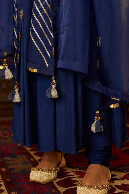 Inej Blue Cotton, Silk Zari, Tassels, Metallic Embroidered Yoke Anarkali With Pant at Aza Fashions Inej_Blue Cotton, Silk Zari, Tassels, Metallic Embroidered Yoke Anarkali With Pant _at_Aza_Fashions