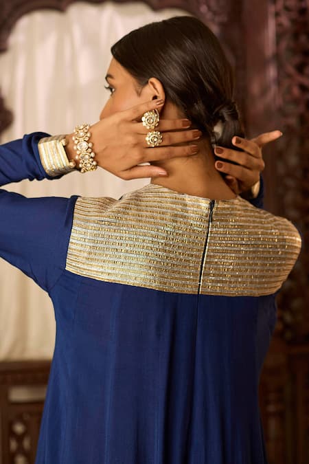 Buy Inej Blue Cotton, Silk Zari, Tassels, Metallic Embroidered Yoke Anarkali With Pant Buy_Inej_Blue Cotton, Silk Zari, Tassels, Metallic Embroidered Yoke Anarkali With Pant