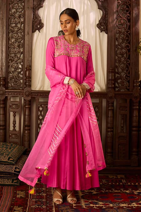 Inej Pink Cotton Silk Embroidered Thread Round Yoke Anarkali And Pant Set 