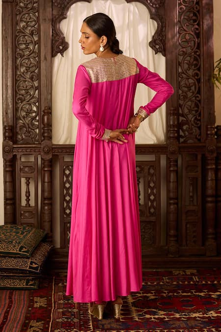 Shop Inej Pink Cotton, Silk Tassels, Zari Round Neck Embroidered Yoke Anarkali And Pant Set at Aza Fashions Shop_Inej_Pink Cotton, Silk Tassels, Zari Round Neck Embroidered Yoke Anarkali And Pant Set _at_Aza_Fashions