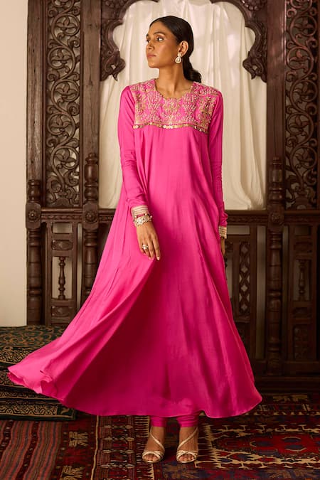 Inej Pink Cotton, Silk Tassels, Zari Round Neck Embroidered Yoke Anarkali And Pant Set Online at Aza Fashions Inej_Pink Cotton, Silk Tassels, Zari Round Neck Embroidered Yoke Anarkali And Pant Set _Online_at_Aza_Fashions