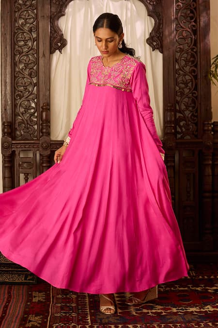 Buy Inej Pink Cotton, Silk Tassels, Zari Round Neck Embroidered Yoke Anarkali And Pant Set Online at Aza Fashions Buy_Inej_Pink Cotton, Silk Tassels, Zari Round Neck Embroidered Yoke Anarkali And Pant Set _Online_at_Aza_Fashions