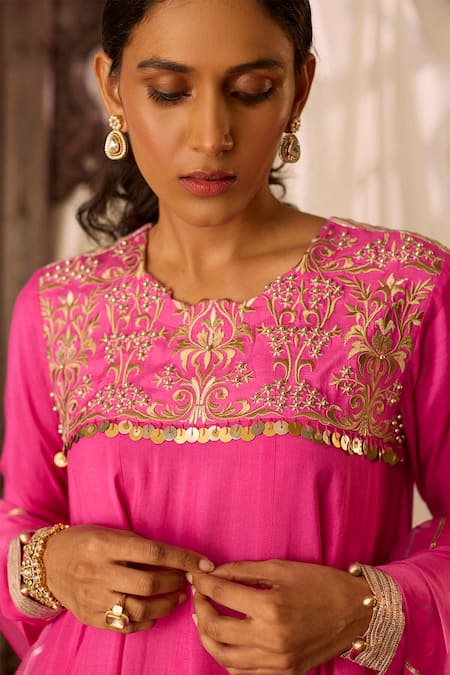 Inej Pink Cotton, Silk Tassels, Zari Round Neck Embroidered Yoke Anarkali And Pant Set at Aza Fashions Inej_Pink Cotton, Silk Tassels, Zari Round Neck Embroidered Yoke Anarkali And Pant Set _at_Aza_Fashions