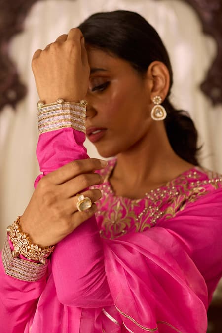 Buy Inej Pink Cotton, Silk Tassels, Zari Round Neck Embroidered Yoke Anarkali And Pant Set Buy_Inej_Pink Cotton, Silk Tassels, Zari Round Neck Embroidered Yoke Anarkali And Pant Set