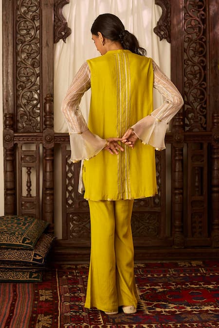 Shop Inej Yellow Cotton, Silk Beads, Zari, Embroidery Bandeau Neck Front Tunic With Pant at Aza Fashions Shop_Inej_Yellow Cotton, Silk Beads, Zari, Embroidery Bandeau Neck Front Tunic With Pant _at_Aza_Fashions