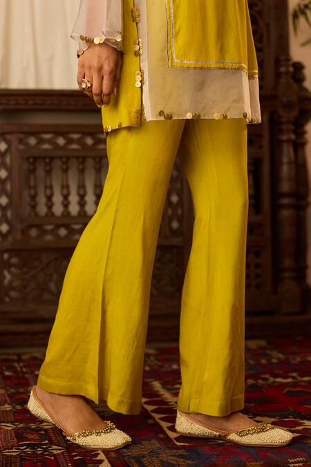 Shop Inej Yellow Cotton, Silk Beads, Zari, Embroidery Bandeau Neck Front Tunic With Pant Online at Aza Fashions Shop_Inej_Yellow Cotton, Silk Beads, Zari, Embroidery Bandeau Neck Front Tunic With Pant _Online_at_Aza_Fashions