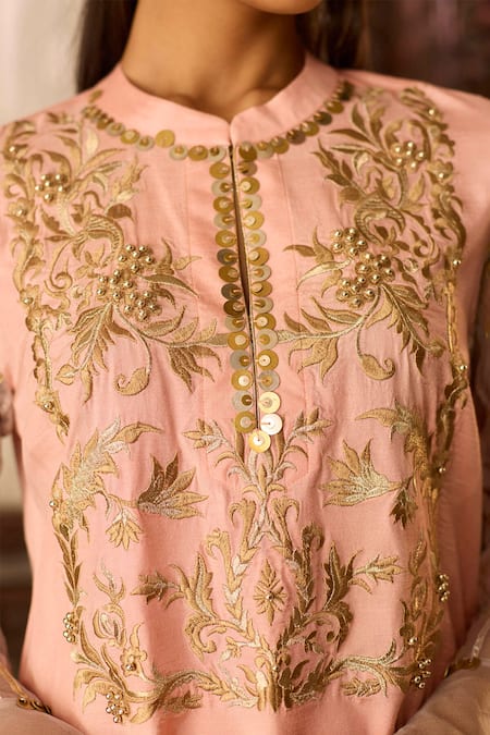 Inej Peach Cotton, Silk Beads Bandeau Neck Embroidered Front Tunic And Pant Set Online at Aza Fashions Inej_Peach Cotton, Silk Beads Bandeau Neck Embroidered Front Tunic And Pant Set _Online_at_Aza_Fashions