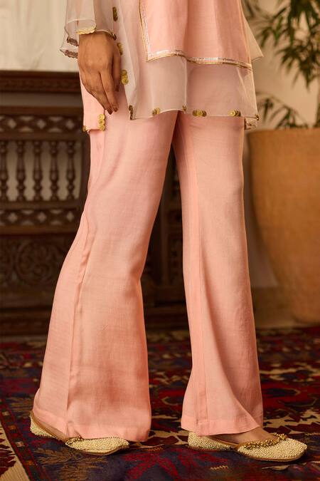 Shop Inej Peach Cotton, Silk Beads Bandeau Neck Embroidered Front Tunic And Pant Set Online at Aza Fashions Shop_Inej_Peach Cotton, Silk Beads Bandeau Neck Embroidered Front Tunic And Pant Set _Online_at_Aza_Fashions