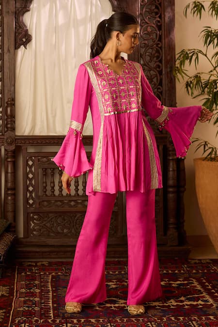 Inej_Pink Cotton, Silk Sequins, Gota Patti, Zari Embroidered Yoke Tunic With Pant _Online_at_Aza_Fashions