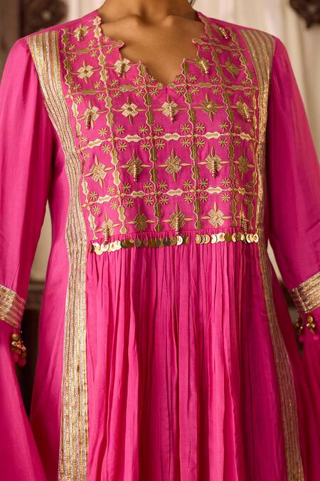 Buy_Inej_Pink Cotton, Silk Sequins, Gota Patti, Zari Embroidered Yoke Tunic With Pant _Online_at_Aza_Fashions