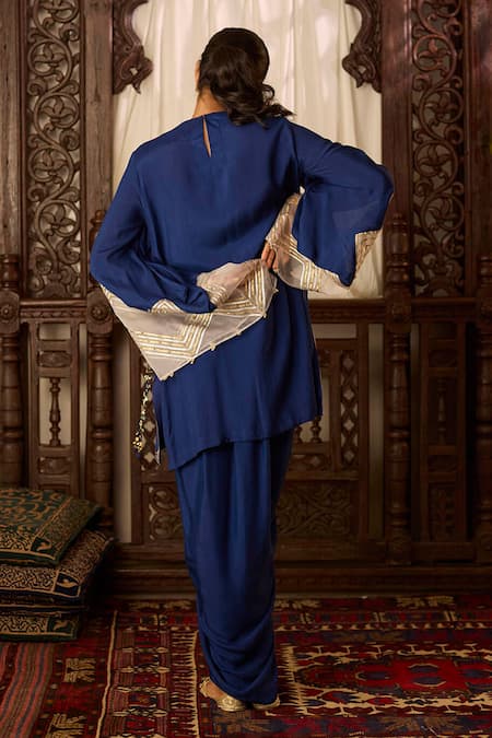 Shop Inej Blue Cotton, Silk Zari, Sequins, Embroidery, Gota Patti Yoke Tunic With Skirt at Aza Fashions Shop_Inej_Blue Cotton, Silk Zari, Sequins, Embroidery, Gota Patti Yoke Tunic With Skirt _at_Aza_Fashions