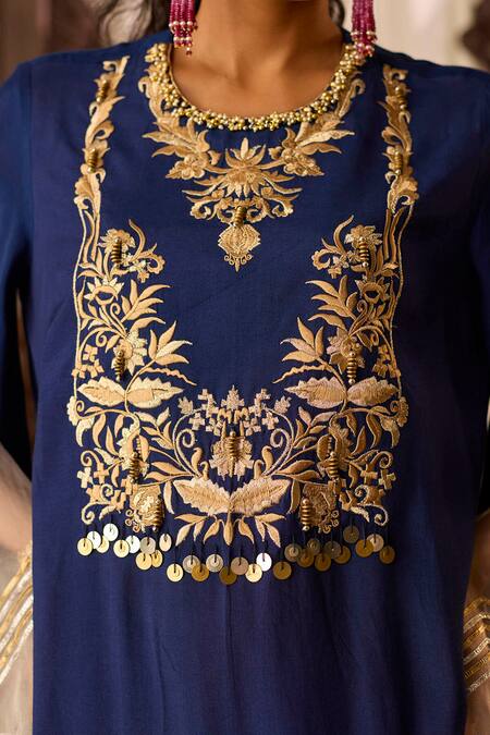 Inej Blue Cotton, Silk Zari, Sequins, Embroidery, Gota Patti Yoke Tunic With Skirt Online at Aza Fashions Inej_Blue Cotton, Silk Zari, Sequins, Embroidery, Gota Patti Yoke Tunic With Skirt _Online_at_Aza_Fashions