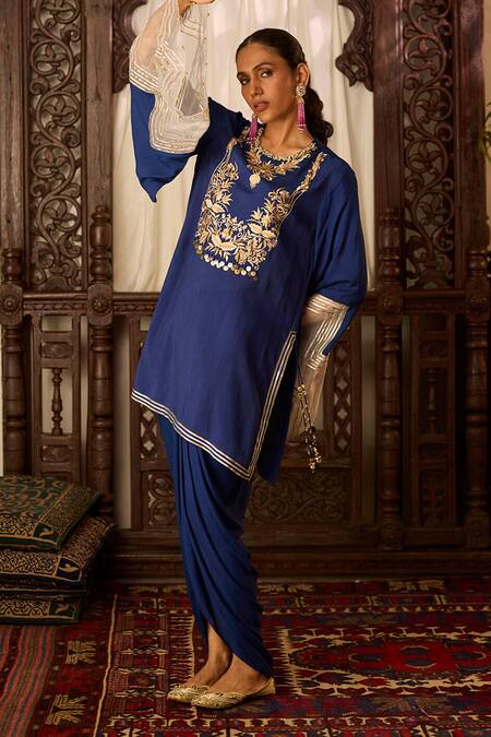 Shop Inej Blue Cotton, Silk Zari, Sequins, Embroidery, Gota Patti Yoke Tunic With Skirt Online at Aza Fashions Shop_Inej_Blue Cotton, Silk Zari, Sequins, Embroidery, Gota Patti Yoke Tunic With Skirt _Online_at_Aza_Fashions