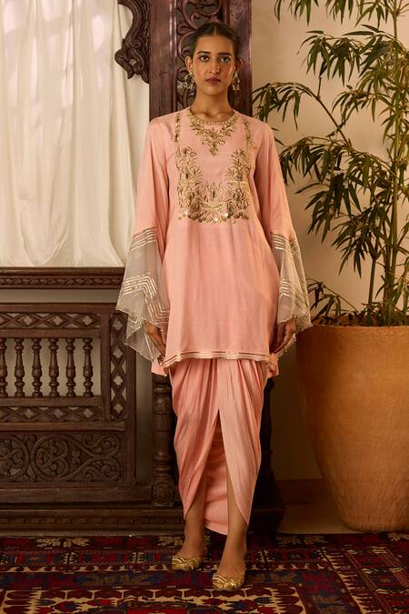 Inej Peach Cotton, Silk Sequins, Zari Round Neck Embroidered Yoke Tunic And Skirt Set Online at Aza Fashions Inej_Peach Cotton, Silk Sequins, Zari Round Neck Embroidered Yoke Tunic And Skirt Set _Online_at_Aza_Fashions