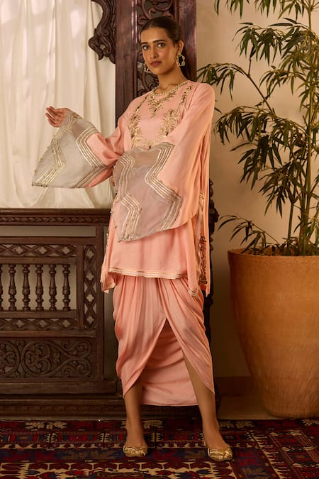Buy Inej Peach Cotton, Silk Sequins, Zari Round Neck Embroidered Yoke Tunic And Skirt Set Online at Aza Fashions Buy_Inej_Peach Cotton, Silk Sequins, Zari Round Neck Embroidered Yoke Tunic And Skirt Set _Online_at_Aza_Fashions