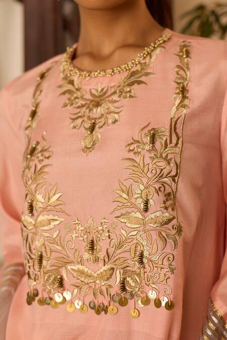 Shop Inej Peach Cotton, Silk Sequins, Zari Round Neck Embroidered Yoke Tunic And Skirt Set Online at Aza Fashions Shop_Inej_Peach Cotton, Silk Sequins, Zari Round Neck Embroidered Yoke Tunic And Skirt Set _Online_at_Aza_Fashions