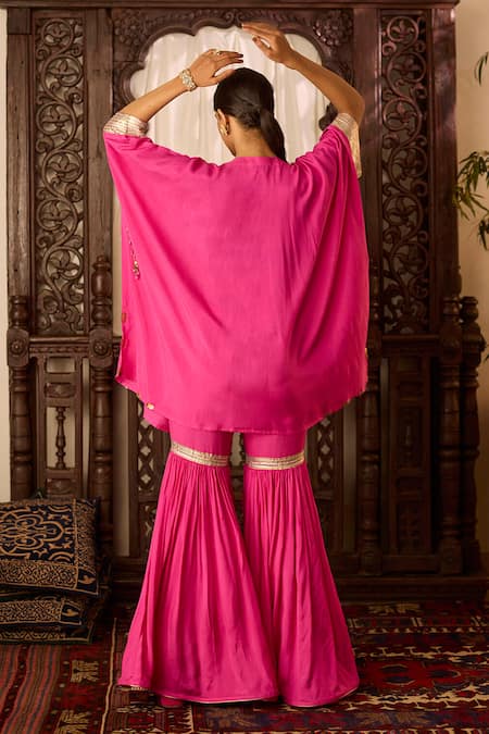 Shop Inej Pink Cotton, Silk Sequins Round Neck Embroidered Kaftan With Gharara at Aza Fashions Shop_Inej_Pink Cotton, Silk Sequins Round Neck Embroidered Kaftan With Gharara _at_Aza_Fashions