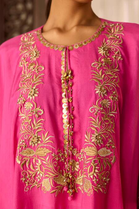 Buy Inej Pink Cotton, Silk Sequins Round Neck Embroidered Kaftan With Gharara Online at Aza Fashions Buy_Inej_Pink Cotton, Silk Sequins Round Neck Embroidered Kaftan With Gharara _Online_at_Aza_Fashions