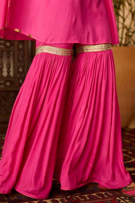 Inej Pink Cotton, Silk Sequins Round Neck Embroidered Kaftan With Gharara at Aza Fashions Inej_Pink Cotton, Silk Sequins Round Neck Embroidered Kaftan With Gharara _at_Aza_Fashions