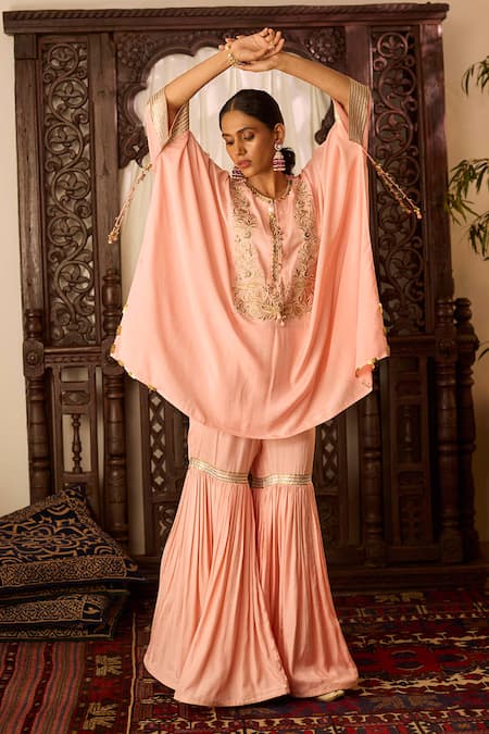 Inej Peach Cotton Silk Embroidered Thread Round Neck Kaftan And Gharara Set 