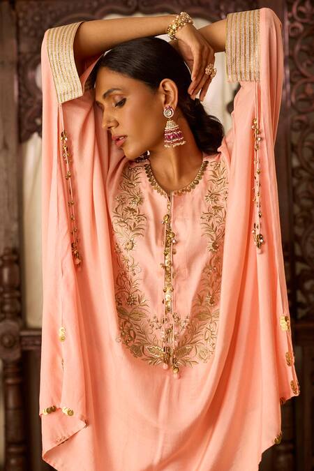 Shop Inej Peach Cotton, Silk Sequins, Tassels Round Neck Embroidered Kaftan And Gharara Set Online at Aza Fashions Shop_Inej_Peach Cotton, Silk Sequins, Tassels Round Neck Embroidered Kaftan And Gharara Set _Online_at_Aza_Fashions