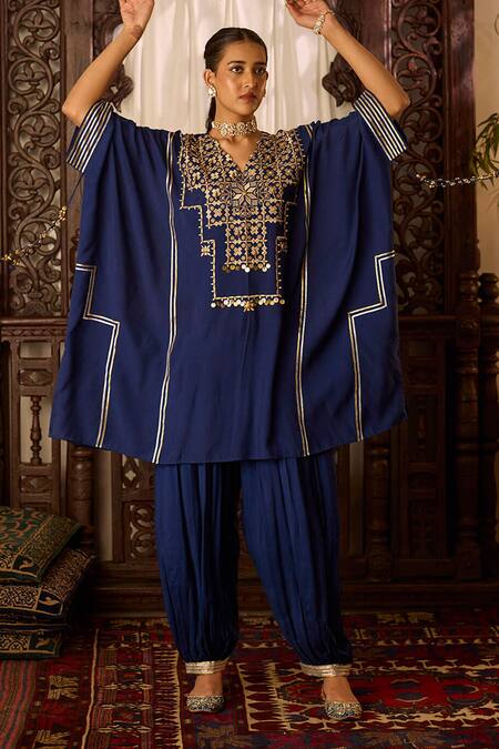 Shop Inej Blue Cotton, Silk Gota Patti, Embroidery, Beads V-neck Kaftan With Salwar Online at Aza Fashions Shop_Inej_Blue Cotton, Silk Gota Patti, Embroidery, Beads V-neck Kaftan With Salwar _Online_at_Aza_Fashions