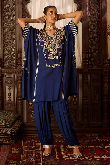 Inej Blue Cotton, Silk Gota Patti, Embroidery, Beads V-neck Kaftan With Salwar at Aza Fashions Inej_Blue Cotton, Silk Gota Patti, Embroidery, Beads V-neck Kaftan With Salwar _at_Aza_Fashions