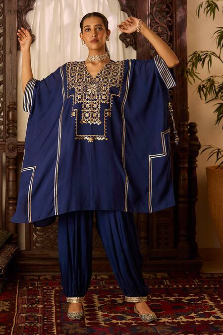 Buy Inej Blue Cotton, Silk Gota Patti, Embroidery, Beads V-neck Kaftan With Salwar Buy_Inej_Blue Cotton, Silk Gota Patti, Embroidery, Beads V-neck Kaftan With Salwar