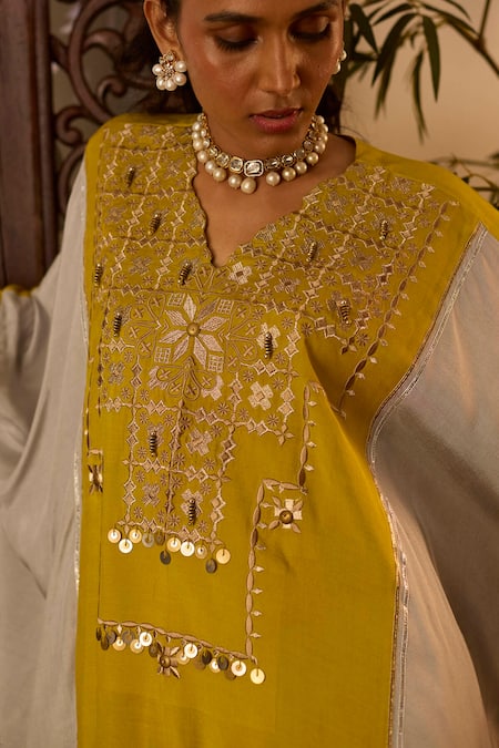 Shop Inej Grey Cotton, Silk Beads, Gota Patti V-neck Embroidered Kaftan And Salwar Set Online at Aza Fashions Shop_Inej_Grey Cotton, Silk Beads, Gota Patti V-neck Embroidered Kaftan And Salwar Set _Online_at_Aza_Fashions