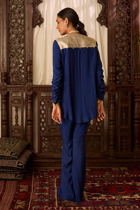 Shop Inej Blue Cotton, Silk Sequins, Tassels, Beads Embroidered Jacket With Pant Set at Aza Fashions Shop_Inej_Blue Cotton, Silk Sequins, Tassels, Beads Embroidered Jacket With Pant Set _at_Aza_Fashions