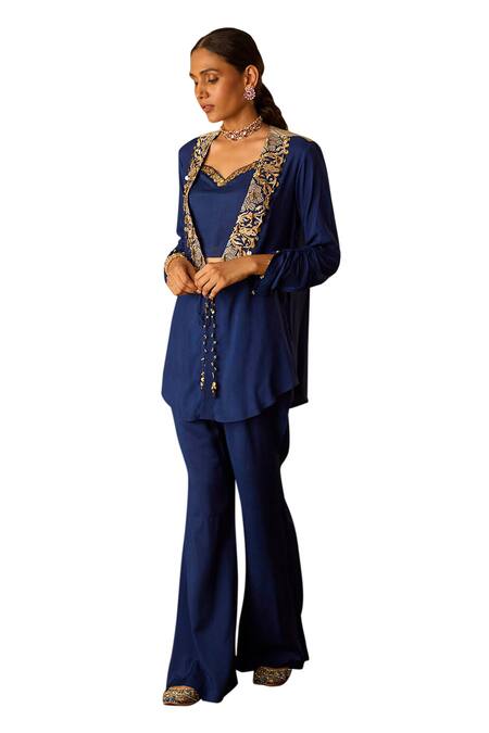 Inej Blue Cotton, Silk Sequins, Tassels, Beads Embroidered Jacket With Pant Set Online at Aza Fashions Inej_Blue Cotton, Silk Sequins, Tassels, Beads Embroidered Jacket With Pant Set _Online_at_Aza_Fashions