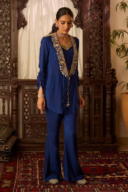 Buy Inej Blue Cotton, Silk Sequins, Tassels, Beads Embroidered Jacket With Pant Set Online at Aza Fashions Buy_Inej_Blue Cotton, Silk Sequins, Tassels, Beads Embroidered Jacket With Pant Set _Online_at_Aza_Fashions
