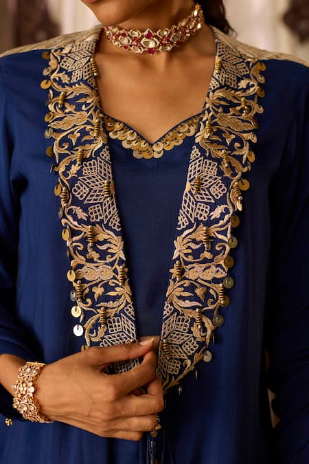 Inej Blue Cotton, Silk Sequins, Tassels, Beads Embroidered Jacket With Pant Set at Aza Fashions Inej_Blue Cotton, Silk Sequins, Tassels, Beads Embroidered Jacket With Pant Set _at_Aza_Fashions