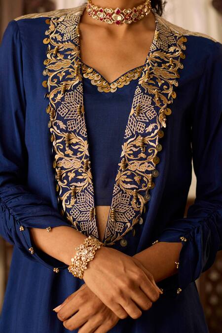 Buy Inej Blue Cotton, Silk Sequins, Tassels, Beads Embroidered Jacket With Pant Set Buy_Inej_Blue Cotton, Silk Sequins, Tassels, Beads Embroidered Jacket With Pant Set