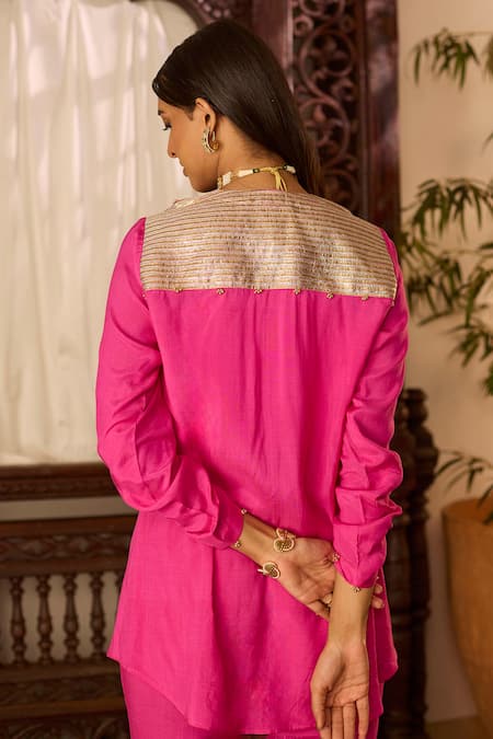 Shop Inej Pink Cotton, Silk Beads, Sequins, Embroidery Collared, Jacket And Pant Set Online at Aza Fashions Shop_Inej_Pink Cotton, Silk Beads, Sequins, Embroidery Collared, Jacket And Pant Set _Online_at_Aza_Fashions