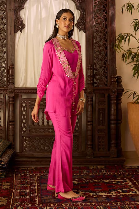 Inej Pink Cotton, Silk Beads, Sequins, Embroidery Collared, Jacket And Pant Set at Aza Fashions Inej_Pink Cotton, Silk Beads, Sequins, Embroidery Collared, Jacket And Pant Set _at_Aza_Fashions