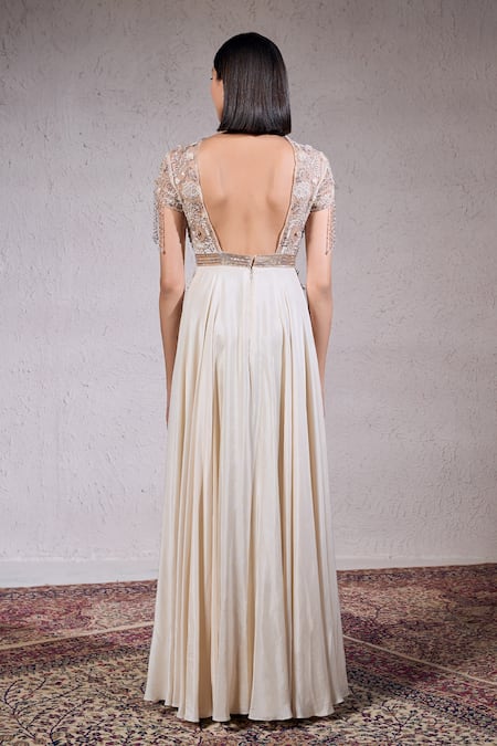 Shop_Parshya_Beige Satin Beads, Sequins V-neck Floral Hand Embroidered Gown _at_Aza_Fashions