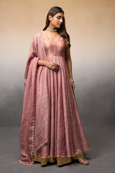 Parshya Pink Banarasi Embroidery Beads V Neck Butti Anarkali With Dupatta 