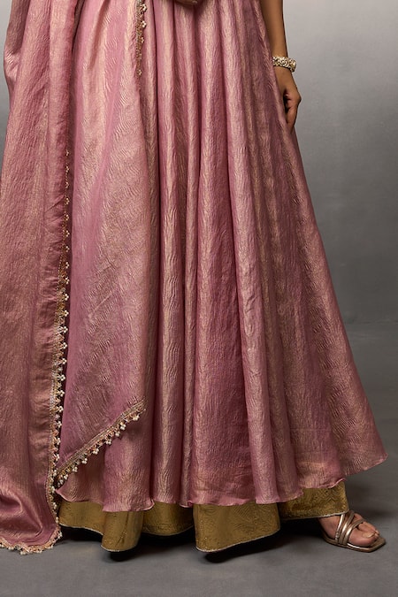 Parshya_Pink Brocade, Linen, Silk Beads V-neck Butti Embroidered Anarkali With Dupatta _Online_at_Aza_Fashions