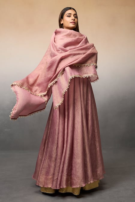 Buy_Parshya_Pink Brocade, Linen, Silk Beads V-neck Butti Embroidered Anarkali With Dupatta _Online_at_Aza_Fashions