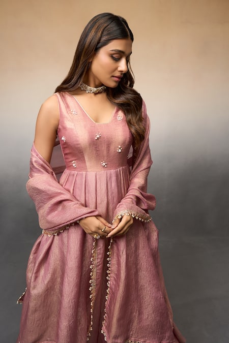 Shop_Parshya_Pink Brocade, Linen, Silk Beads V-neck Butti Embroidered Anarkali With Dupatta _Online_at_Aza_Fashions