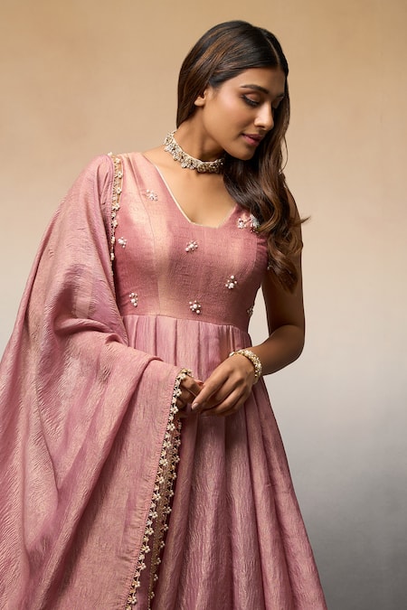 Parshya_Pink Brocade, Linen, Silk Beads V-neck Butti Embroidered Anarkali With Dupatta _at_Aza_Fashions